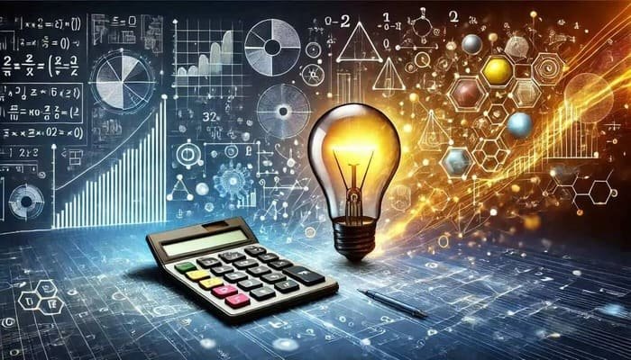 lustração mostrando elementos, formas geométricas e fórmulas, destacando motivos para estudar matemática